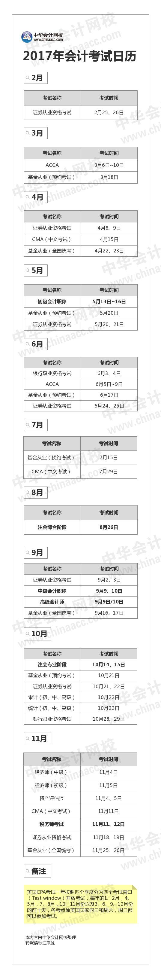2017年財(cái)會(huì)類(lèi)考試日歷