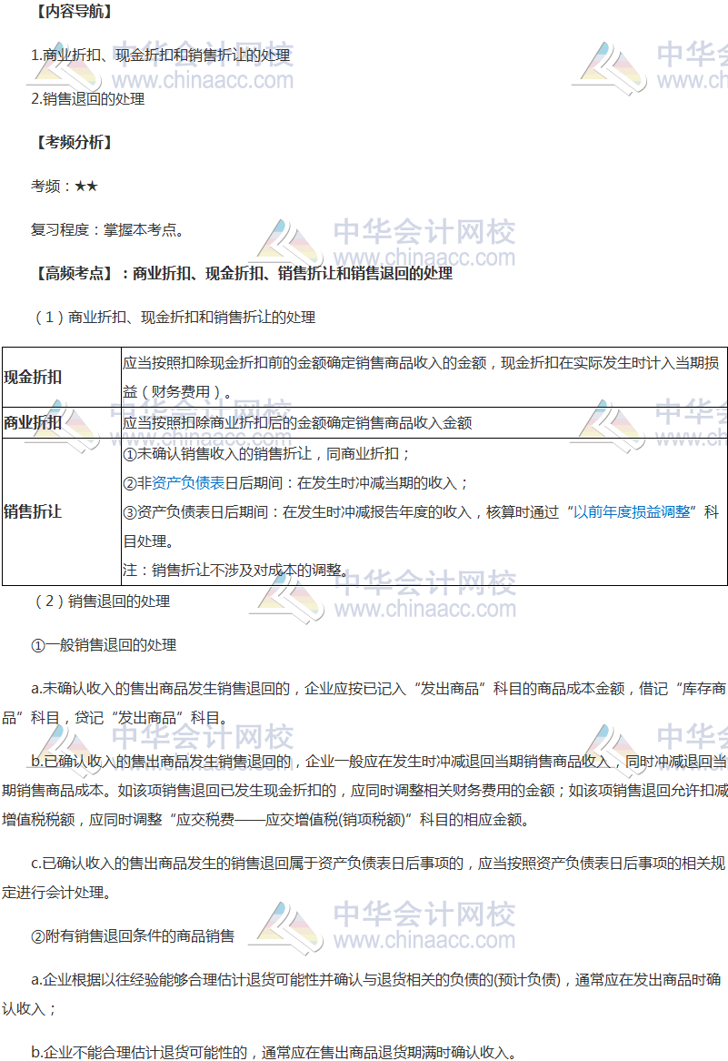 2018年《中級會計實(shí)務(wù)》高頻考點(diǎn)：銷售折讓和銷售退回的處理